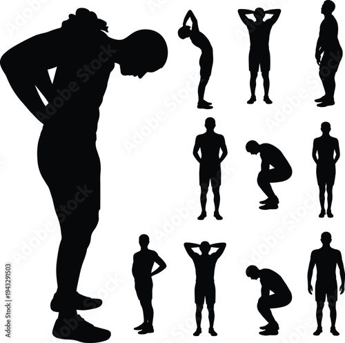 Human body posture silhouettes, standing squatting stretching poses, anatomy movement illustration, exercise routine concept, emotional expression through body language design