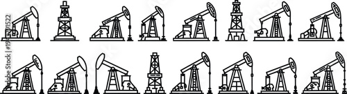 Oil extraction and drilling rig vector Icon set
