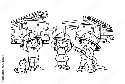 Fire station scene with kids trying on firefighter hats, fire trucks and ladders in the background, a small cat watching, black
