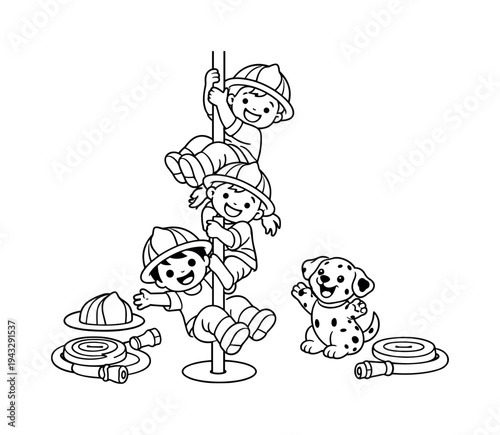 Children sliding down a fire pole in a fire station, helmets and hoses scattered around, a Dalmatian puppy cheering, black and