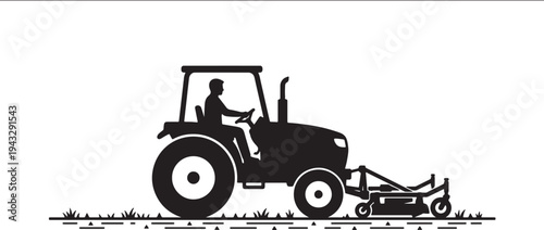 Silhouette of a man driving a tractor mowing grass in a field also transparent background farming