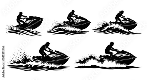 Set of black silhouettes of people riding jet skis on waves, dynamic water sports