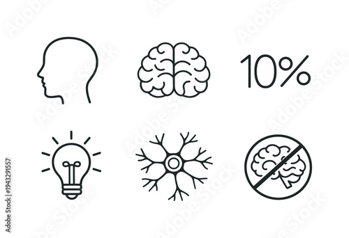 Line style vector icons of 10%-brain myth: human-head outline, brain-motif icon, 10-percent symbol, lightbulb-idea outline,