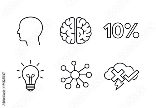 Line style vector icons of cognitive myth debunking: head-icon outline, brain-outline motif, 10%-symbol icon, lightbulb-idea