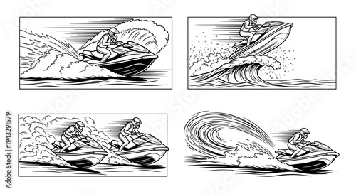 Jet ski riders performing stunts and racing on waves in a dynamic illustration