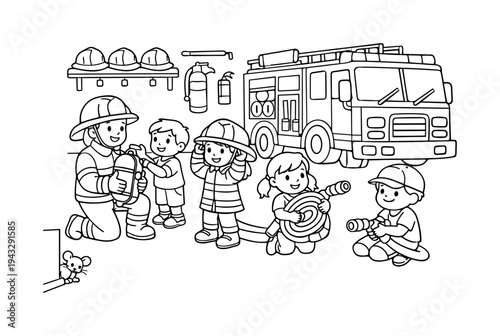 Fire station scene with kids learning about firefighter equipment, helmets, hoses, and trucks around, a tiny mouse watching from