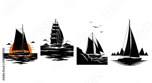 Collection of four distinct sailboat silhouettes sailing on the ocean at different times of day