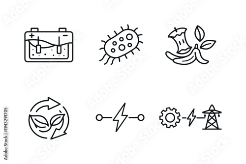 Line style vector icons of microbial fuel cell battery: battery-outline icon, bacteria-motif symbol, organic-waste icon,