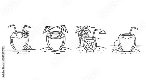 Collection of tropical drinks and coconuts on a beach in a minimalist line art style