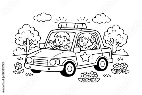 Children pretending to drive a police car, waving to friends, sirens and flashing lights on the roof, flowers and trees around,