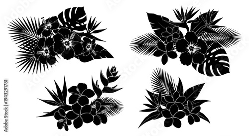 Collection of black silhouette tropical floral arrangements with palm leaves and monstera