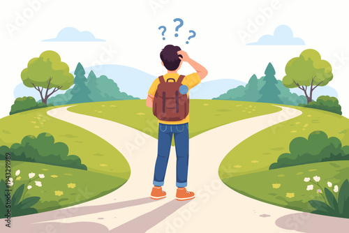 Flat vector illustration of a confused young man with a backpack standing at a fork in the road, making a difficult life decision or choosing a career path in a beautiful green nature landscape.