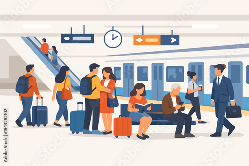 Flat vector illustration of a busy subway train station platform with diverse people traveling, commuting, or waiting for a train. Travelers with luggage, backpacks, and suitcases on platform.