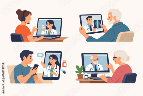 Flat vector illustration of diverse patients including young adults and seniors having online medical consultations with doctors via laptop, tablet, smartphone, and computer for telemedicine.