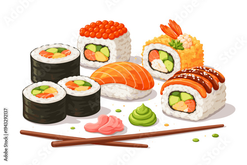 Delicious Assorted Sushi Set Vector Illustration Featuring Salmon Nigiri, Maki Rolls, California Rolls, Shrimp Tempura, Ginger, Wasabi, and Chopsticks Isolated on White Background for Food Menus.