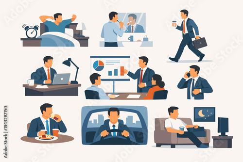 Daily Routine of a Busy Businessman Vector Illustration Set Featuring Morning Wake Up, Personal Hygiene, Commuting to Work, Office Meetings, Presentations, Driving, and Evening Relaxation