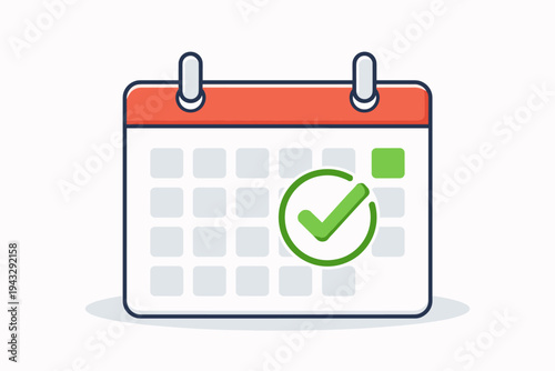 Calendar icon with red top and green checkmark circle, flat vector illustration for schedule planning, appointment booking, task completion, deadline reminder, and business time management.