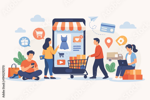 People shopping online using mobile app technology flat vector illustration. Diverse characters interacting with a smartphone screen, shopping cart, delivery truck, and digital payment icons.