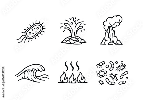 Line style vector icons of extremophile bacteria in hydrothermal vents: bacteria-outline icon, geyser-motif symbol, black-smoker