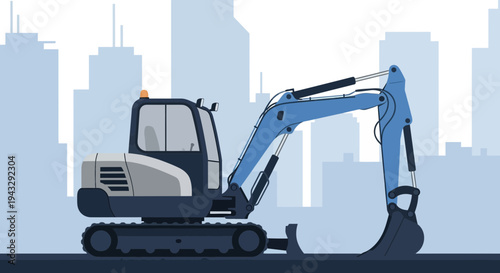 Modern Excavator Machine Working On Construction Site With Cityscape Background