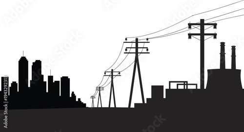 Silhouette of City Skyline with Industrial Buildings and Power Lines vector illustration