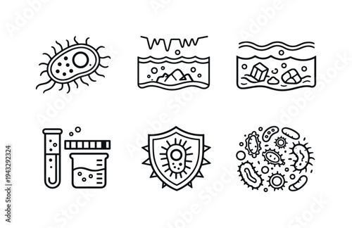Microbiology icons depicting bacteria, lab tests, and protection against germs