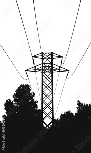 Silhouette of a high voltage electricity pylon against a white sky with trees power transmission