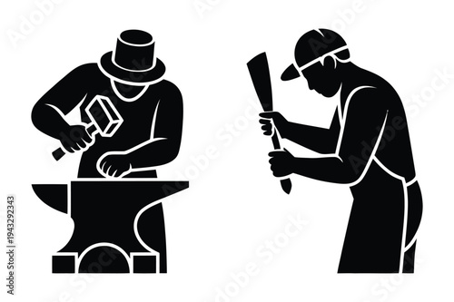 Blacksmiths working with hammer and anvil silhouettes