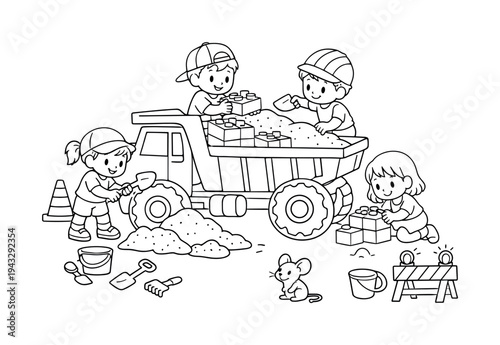 Kids' Construction Fun. Dump truck with kids loading toy bricks and sand, friends helping with small shovels, construction signs