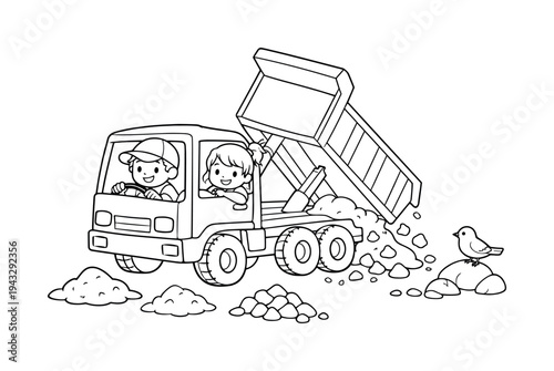 Children pretending to drive a dump truck, lifting the bed to dump sand, rocks and small piles scattered around, a small bird