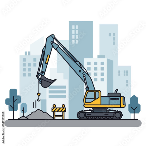 Modern Excavator Working In A Cityscape Construction Site