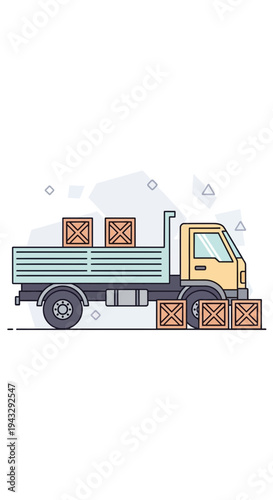Modern Flat Design Flatbed Truck Transporting Wooden Crates For Delivery Services