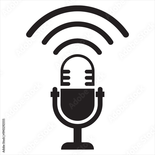 Black and white vector icon of a vintage studio microphone with sound waves, symbolizing audio recording, podcasting, broadcasting, and live streaming for digital media and communication projects