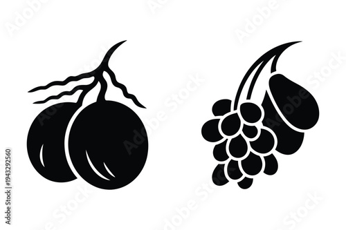 Plum and avocado fruit icons black silhouette