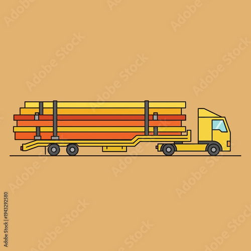 Modern Flat Design Log Truck Transporting Lumber Materials Efficiently