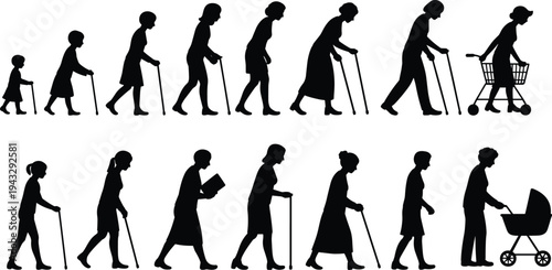 Human life cycle, aging silhouettes, childhood to old age, generational figures, family icons, vector illustration, posture study, black silhouettes, design elements, motion