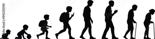 Human life silhouettes, aging progression figures, childhood to elderly stages, development icons, generational design art, growth outline, lifetime journey illustration