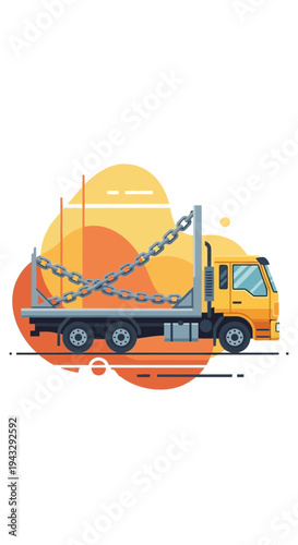 Modern Flat Design Logging Truck Transporting Timber With Chains Abstract Background