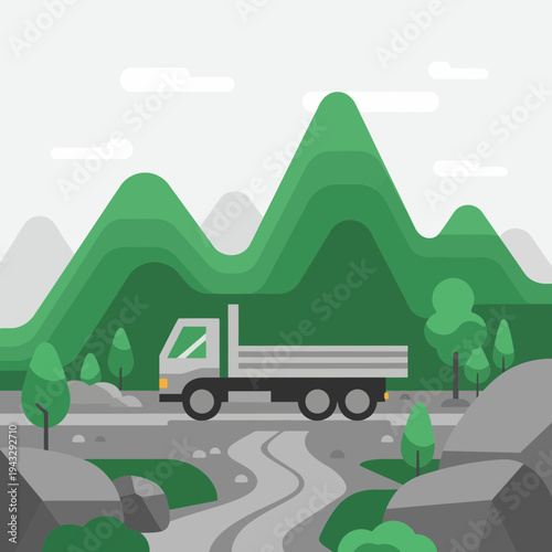 Modern Flat Design Truck Navigating Scenic Mountain Roads Illustration