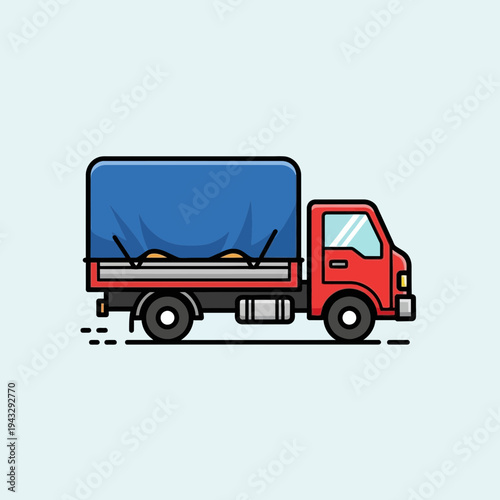 Modern Flat Red Cargo Truck With Blue Tarp For Delivery Services