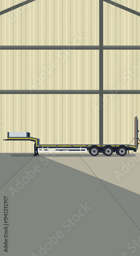 Modern Flatbed Trailer Inside Industrial Warehouse Storage Facility
