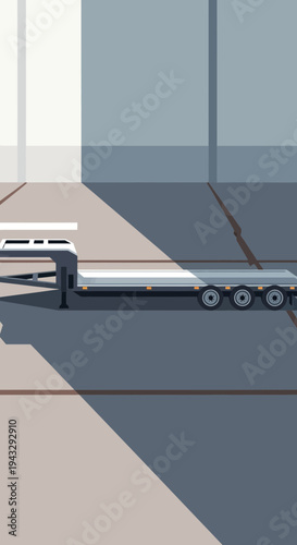 Modern Flatbed Trailer Parked On Paved Surface With Shadows