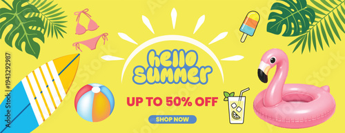 summer tropical sale banner and summer background for social media cover header banner, ad, summer sale banner for promotion with sun surfboard beach ball bikini flamingo float and cocktail