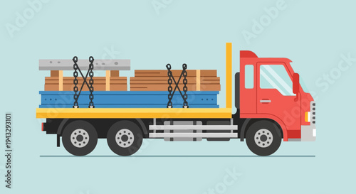 Modern Flatbed Truck Delivering Construction Materials Secured with Chains