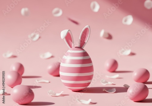 Pink easter egg with bunny ears surrounded by eggs and petals on pink background