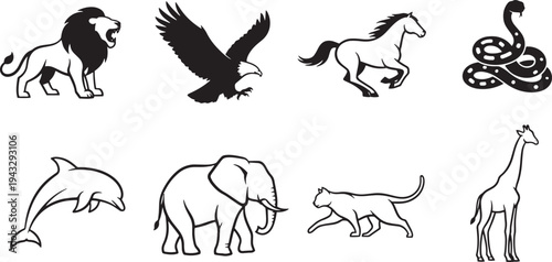 A set of vector line art silhouettes featuring various wild animals in different poses and actions