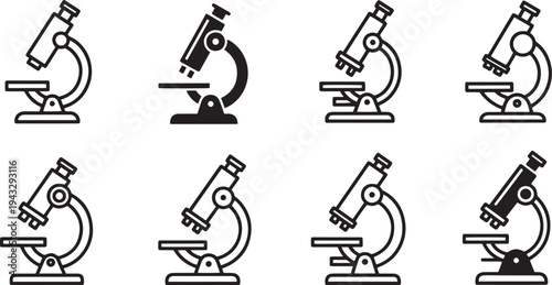 A set of vector microscope silhouettes in line art style for scientific and educational purposes