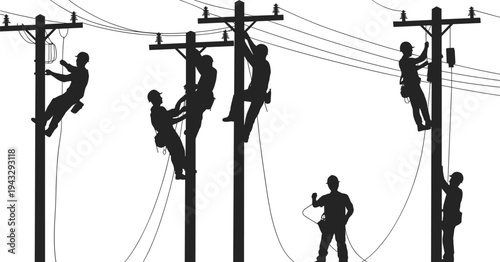Silhouettes of Workers Performing Tasks on Utility Poles and Ground electrician lineman