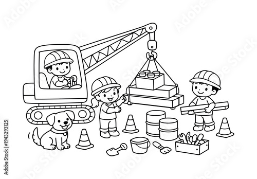 Children operating a crane, lifting toy blocks and beams at a construction site, cones, barrels, and tools around, a friendly dog