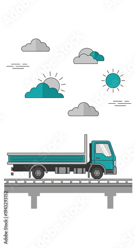 Modern Flatbed Truck Driving Across Overpass Under Sunny Cloudy Sky